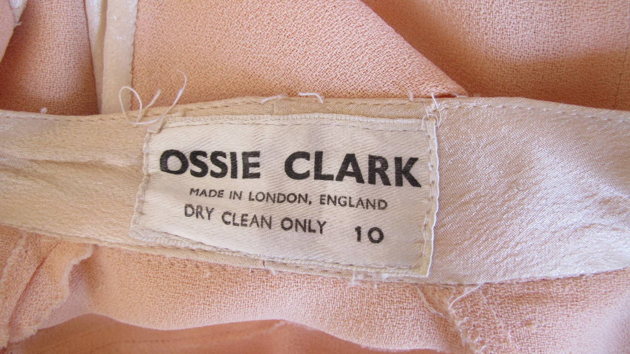 Women's 1970s Ossie Clark Peach Moss Crepe Wrap Dress w/Deep V-Neck & Ruffle Trim