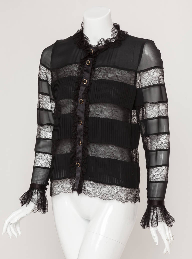 Vintage Chanel Black Silk and Lace Blouse Top at 1stDibs | chanel ...