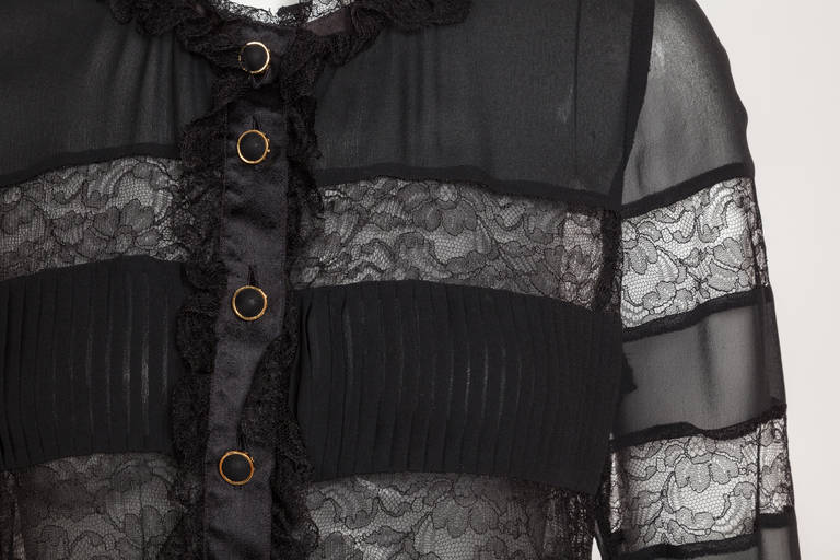Women's Vintage Chanel Black Silk & Lace Blouse Top