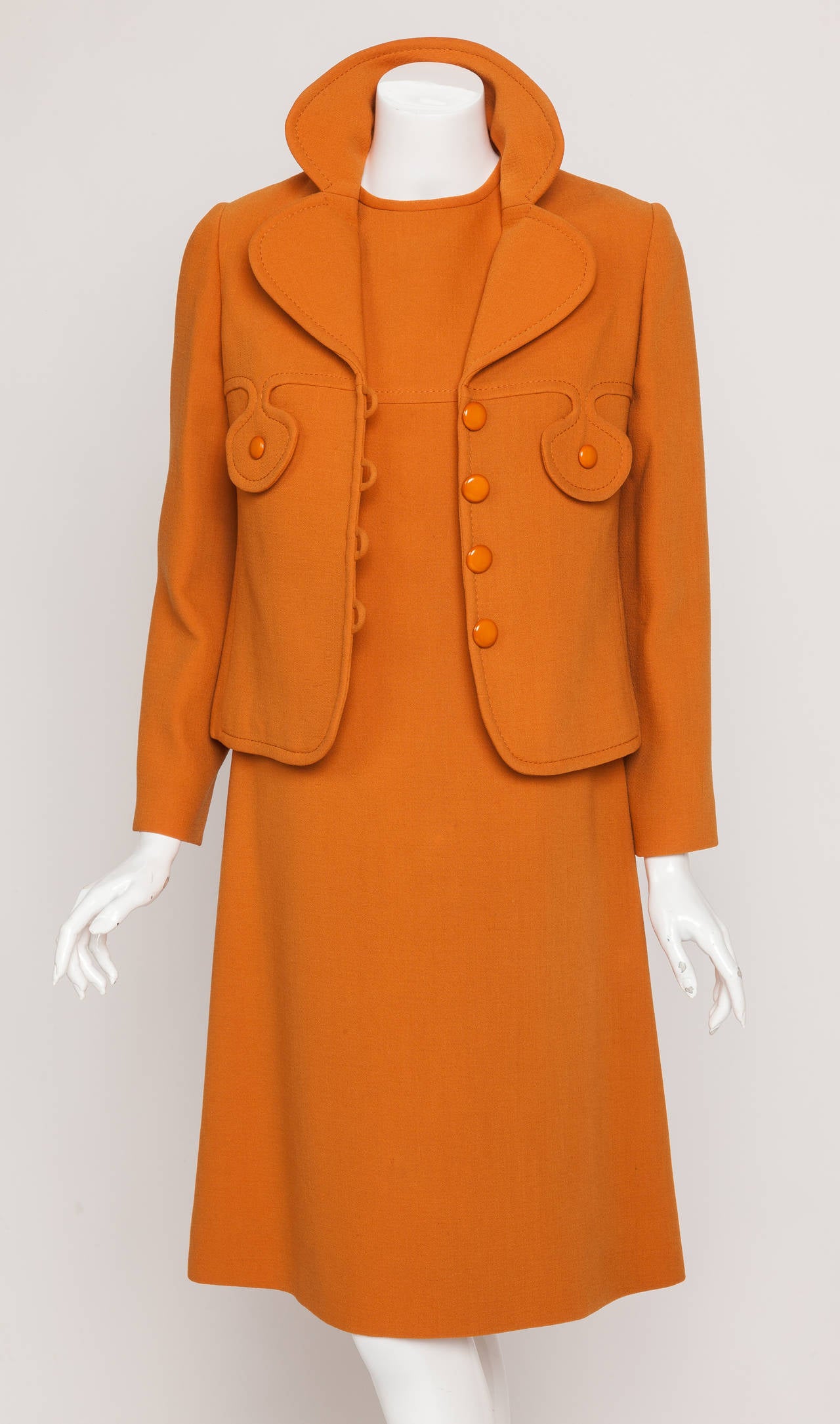 Women's Pierre Cardin Space Age Mod Wool Crepe Jacket and Dress Ensemble ca.1971