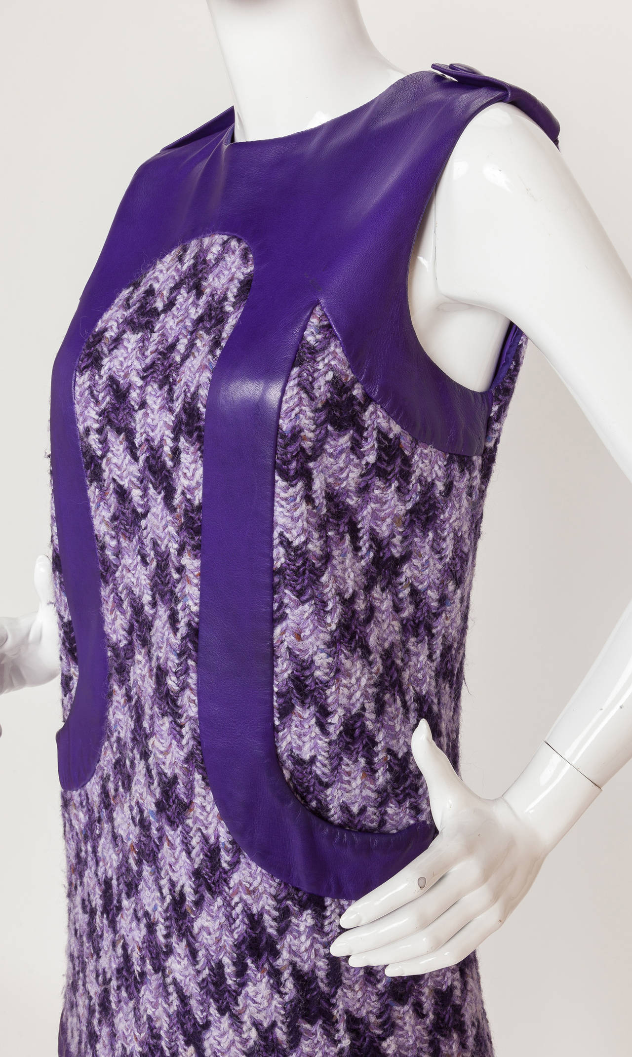 Purple 1968 Pierre Cardin Rare Haute Couture Wool & Leather Shift Dress