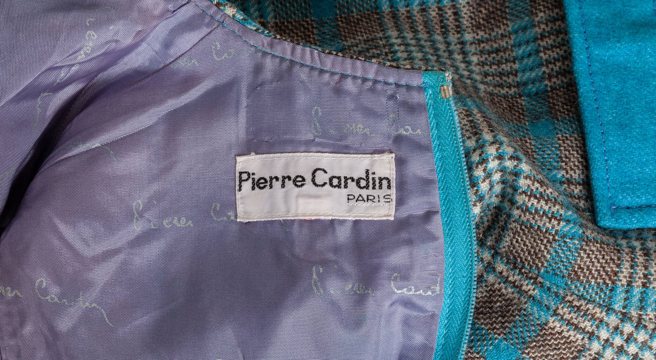 Women's Vintage Pierre Cardin Mod Plaid Wool Mini Dress w/Flower Appliques