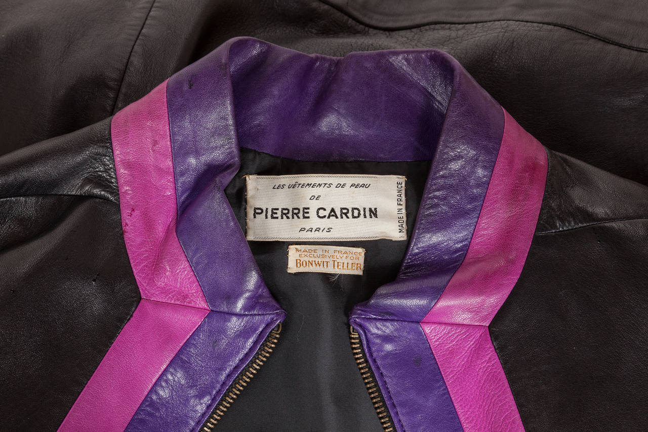 1970s Pierre Cardin Black Space Age Mod Fitted Leather Coat w/Purple & Pink Trim 2