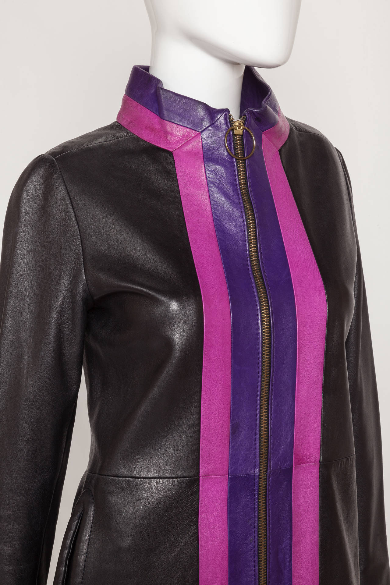 Women's 1970s Pierre Cardin Black Space Age Mod Fitted Leather Coat w/Purple & Pink Trim