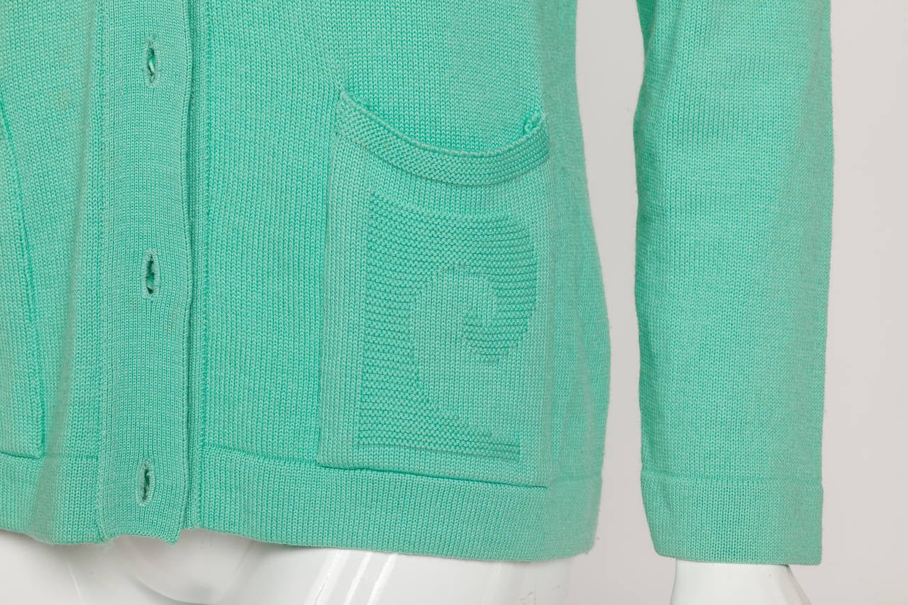 Vintage Pierre Cardin Aqua Green Cardigan w/Logo at Pockets In Excellent Condition In Studio City, CA