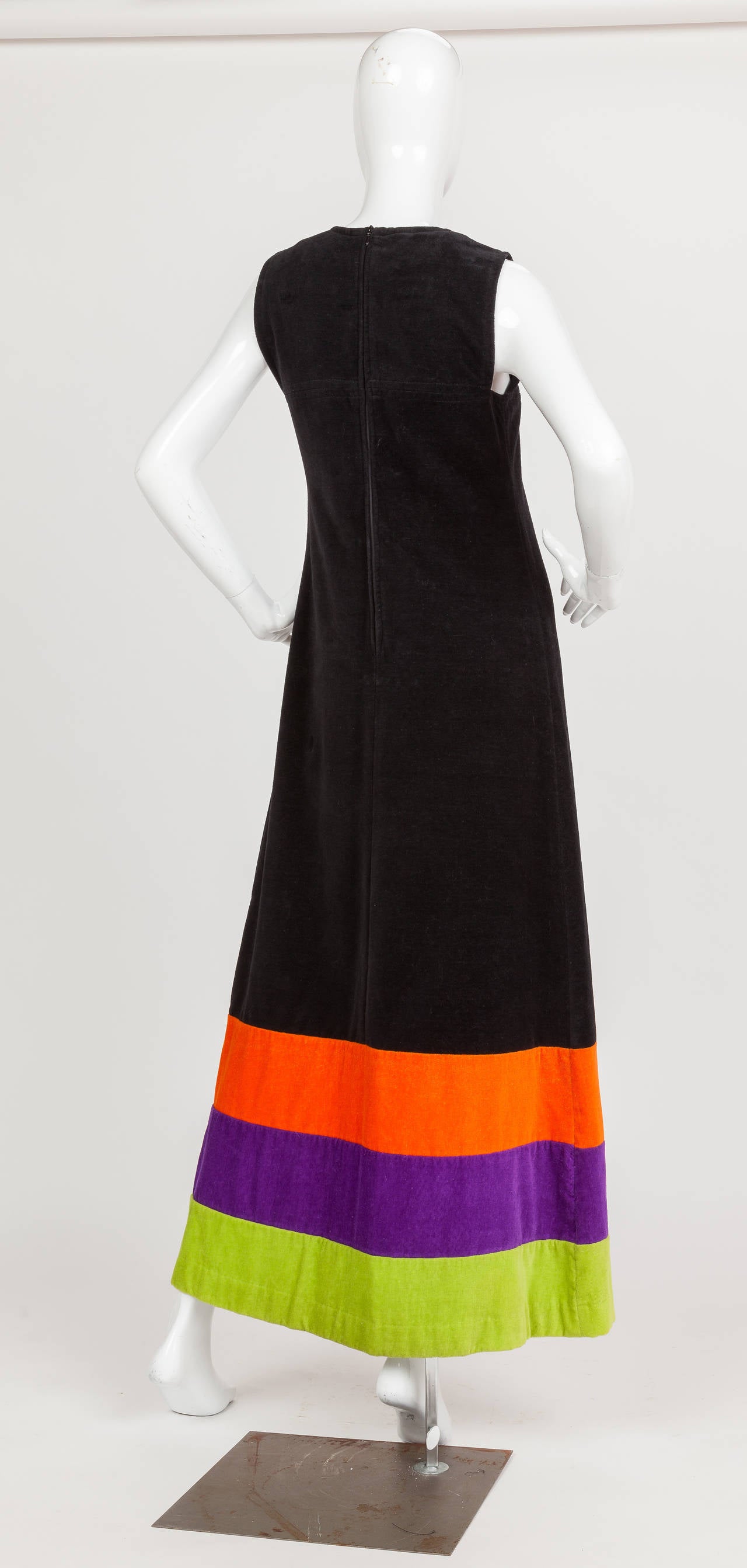 Black 1970s Pierre Cardin Terry Cloth Maxi Dress w/Multicolored Stripes at Hem For Sale