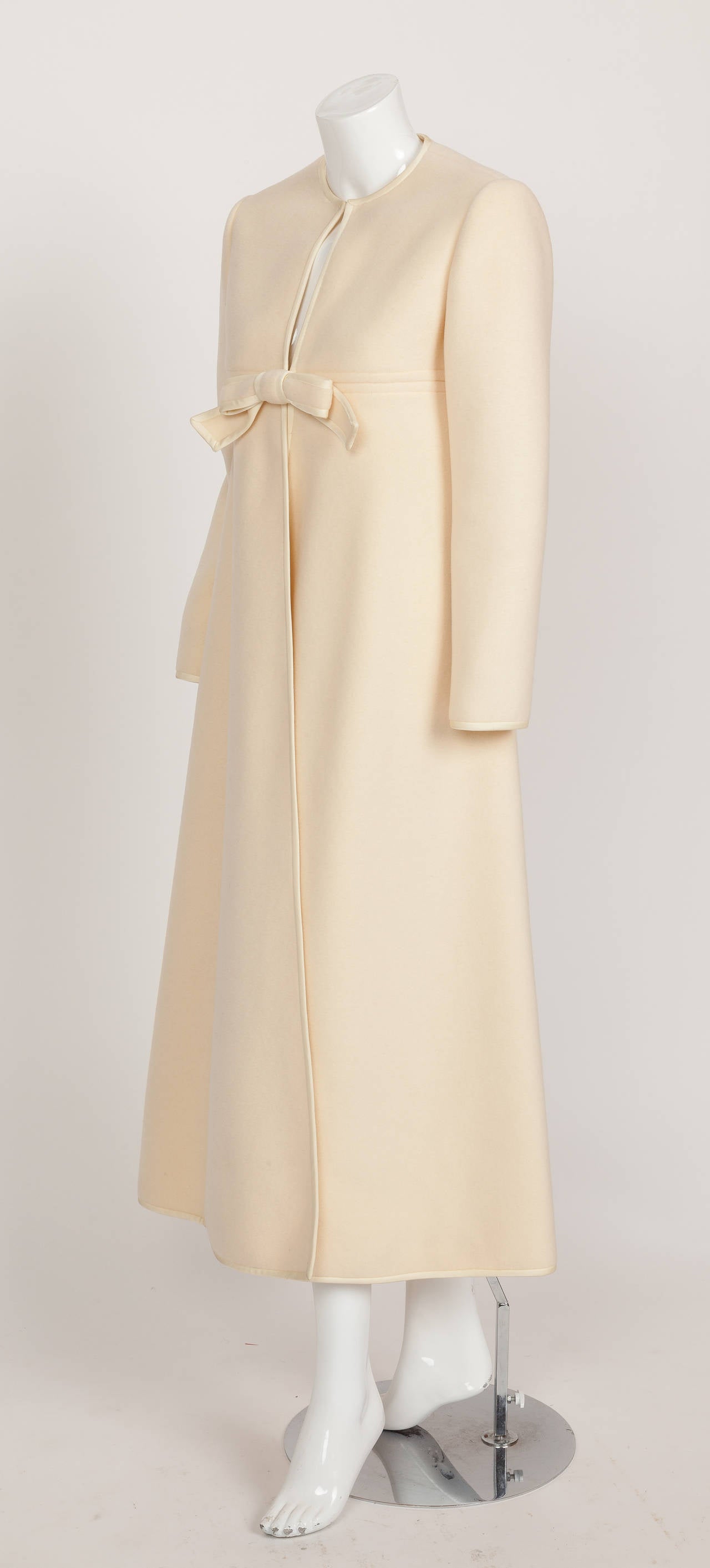 Women's 1960s Pierre Cardin A-Line Creme Melton Wool Coat w/Bow and Silky Trim