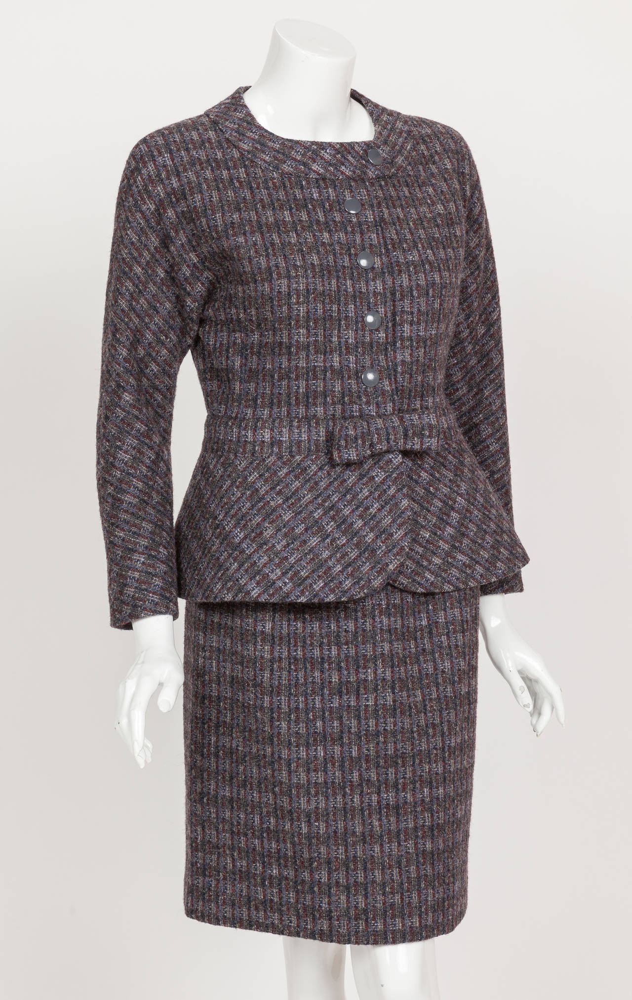 Black Pierre Cardin Tweed Jacket and Skirt Ensemble Suit w/Detachable collar ca. 1982