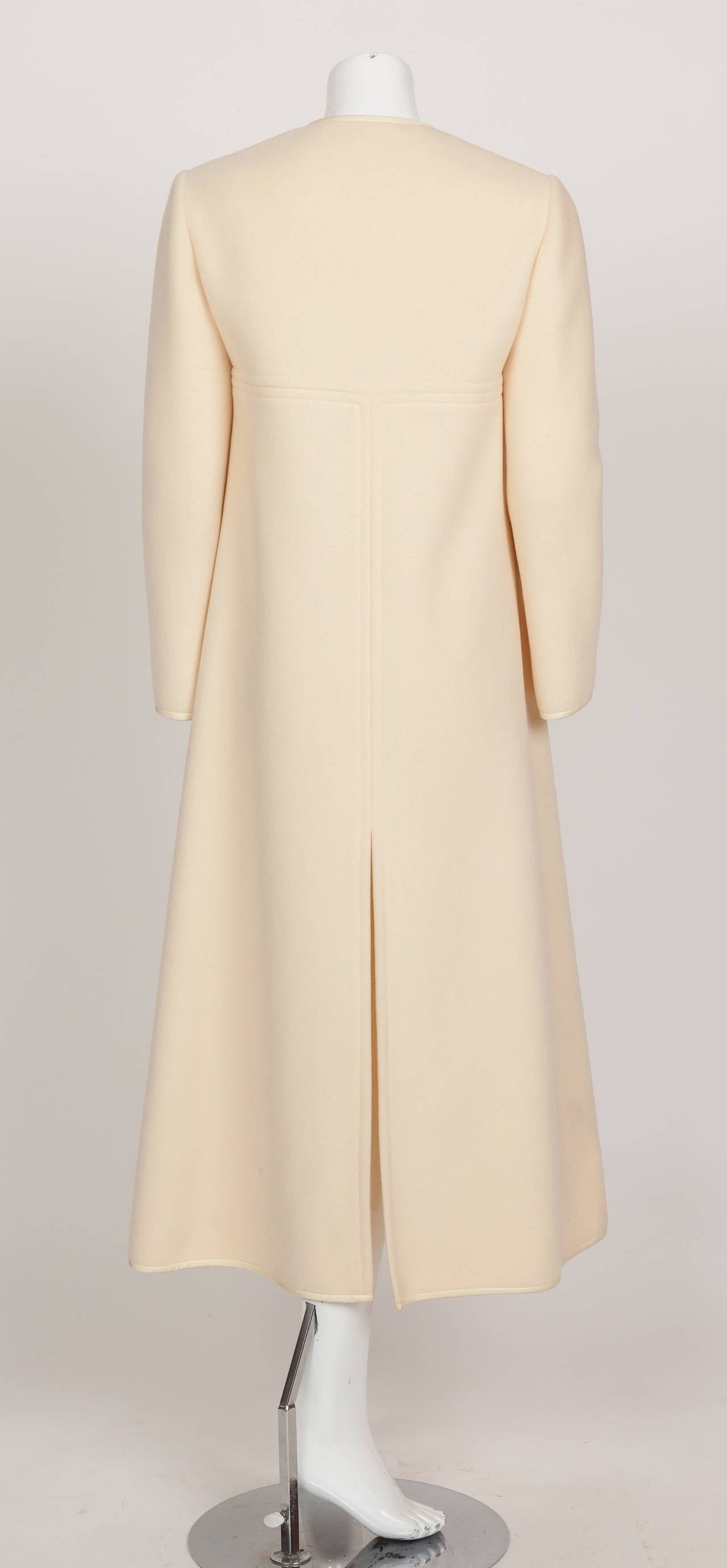 1960s Pierre Cardin A-Line Creme Melton Wool Coat w/Bow and Silky Trim 3