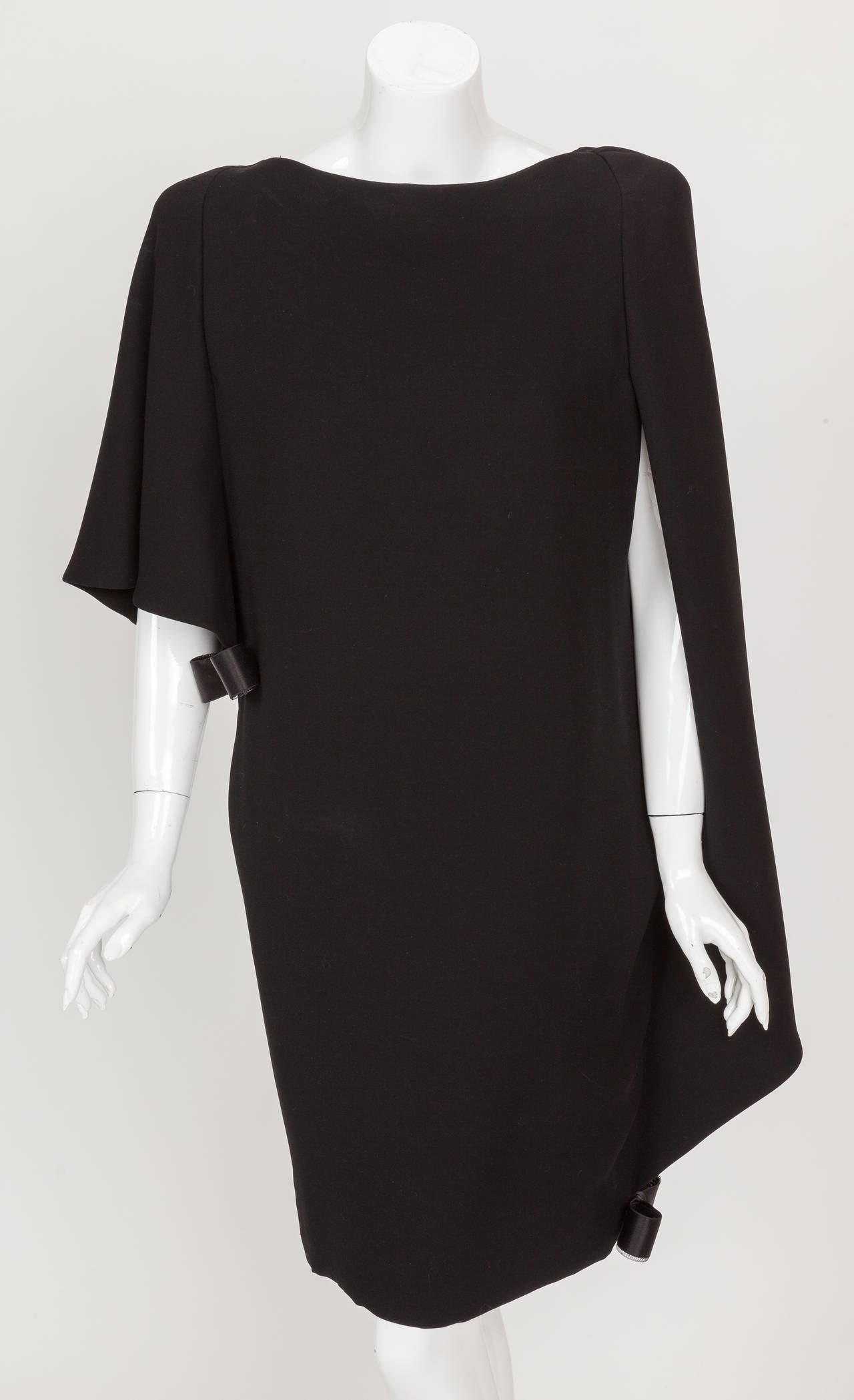 Black Pierre Cardin Haute Couture Asymmetric Silk Cocktail Dress w/Cape ca. 1992