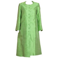 Vintage Pierre Cardin Silk Shantung Bright Green Duster Coat