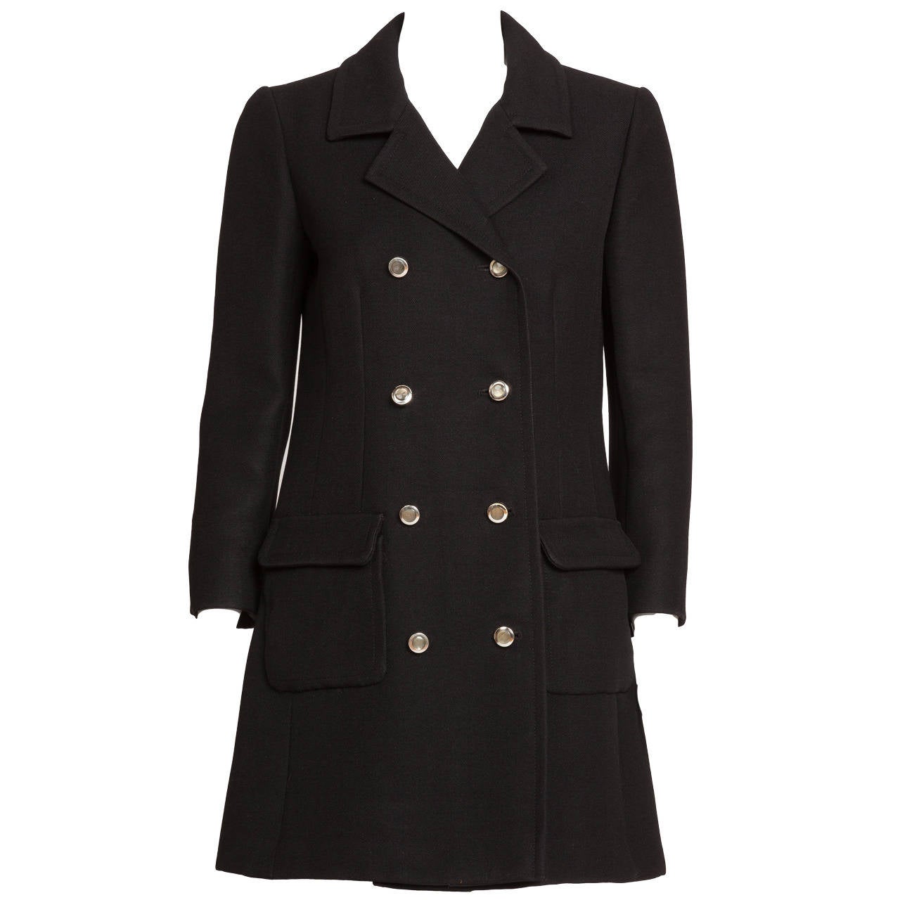 1960s Pierre Cardin Double-Breasted Black Wool Twill 3/4 Length Coat ...