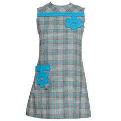 Vintage Pierre Cardin Mod Plaid Wool Mini Dress w/Flower Appliques