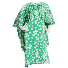 Pierre Cardin Attributed Silk Abstract Floral Print Dress w/Ruffled Cape