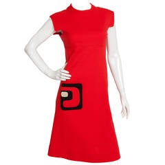 1972 Pierre Cardin Red Wool Jersey Mod Midi Day Dress w/Logo Pocket