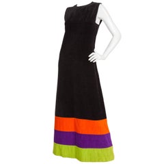 Retro 1970s Pierre Cardin Terry Cloth Maxi Dress w/Multicolored Stripes at Hem