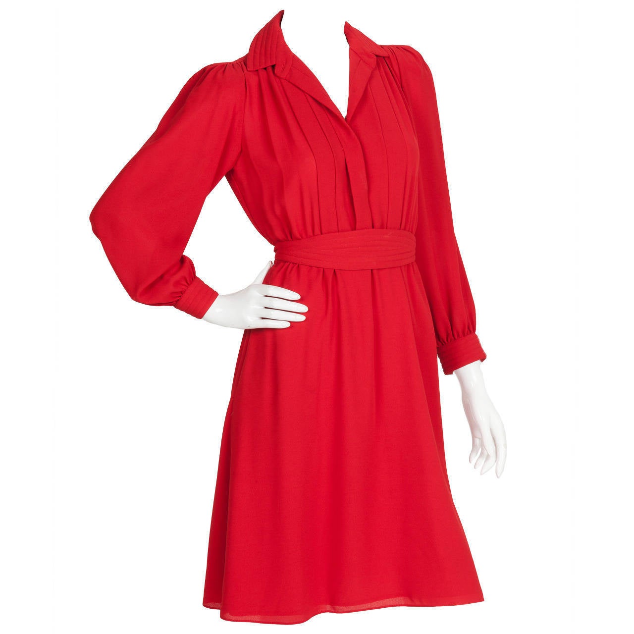 1980's Pierre Cardin Red Secretary Day Dress w/Channel Stitching Motif