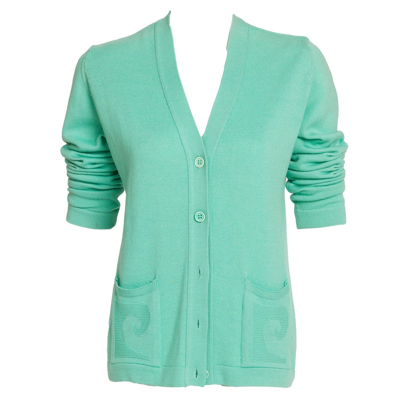 Vintage Pierre Cardin Aqua Green Cardigan w/Logo at Pockets