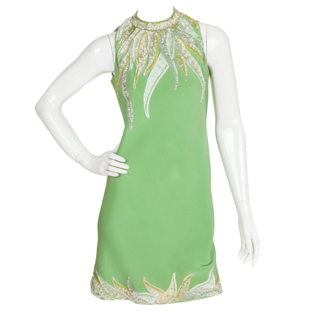 Pierre Cardin Haute Couture Green Silk Crepe Sequined Cocktail Dress ca. 1967 For Sale