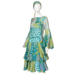 Pierre Cardin 3/4 Length Floral Blossom Printed "Petal" Dress ca. 1970-1971