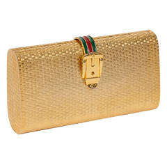 Iconic Gucci Gold Metal Minaudière Clutch w/Enameled Buckle Closure ca.1970s
