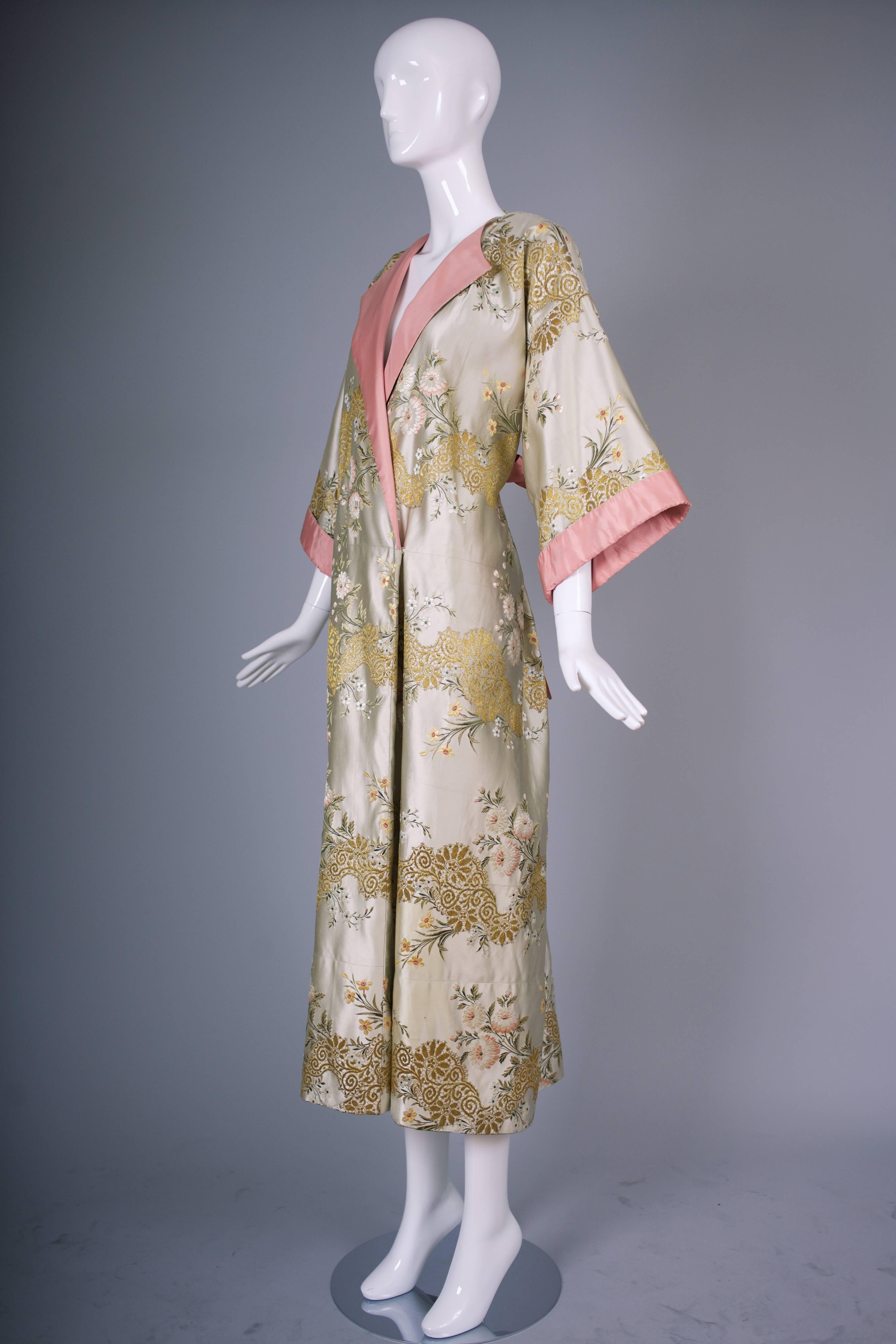 Brown Madame Gres Haute Couture Silk Satin Embroidered Kimono Evening Dress Ca.1960