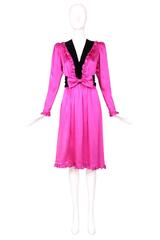 Yves Saint Laurent YSL Fuschia Silk Dress w/Velvet Deep V-Neck & Ruffled Trim