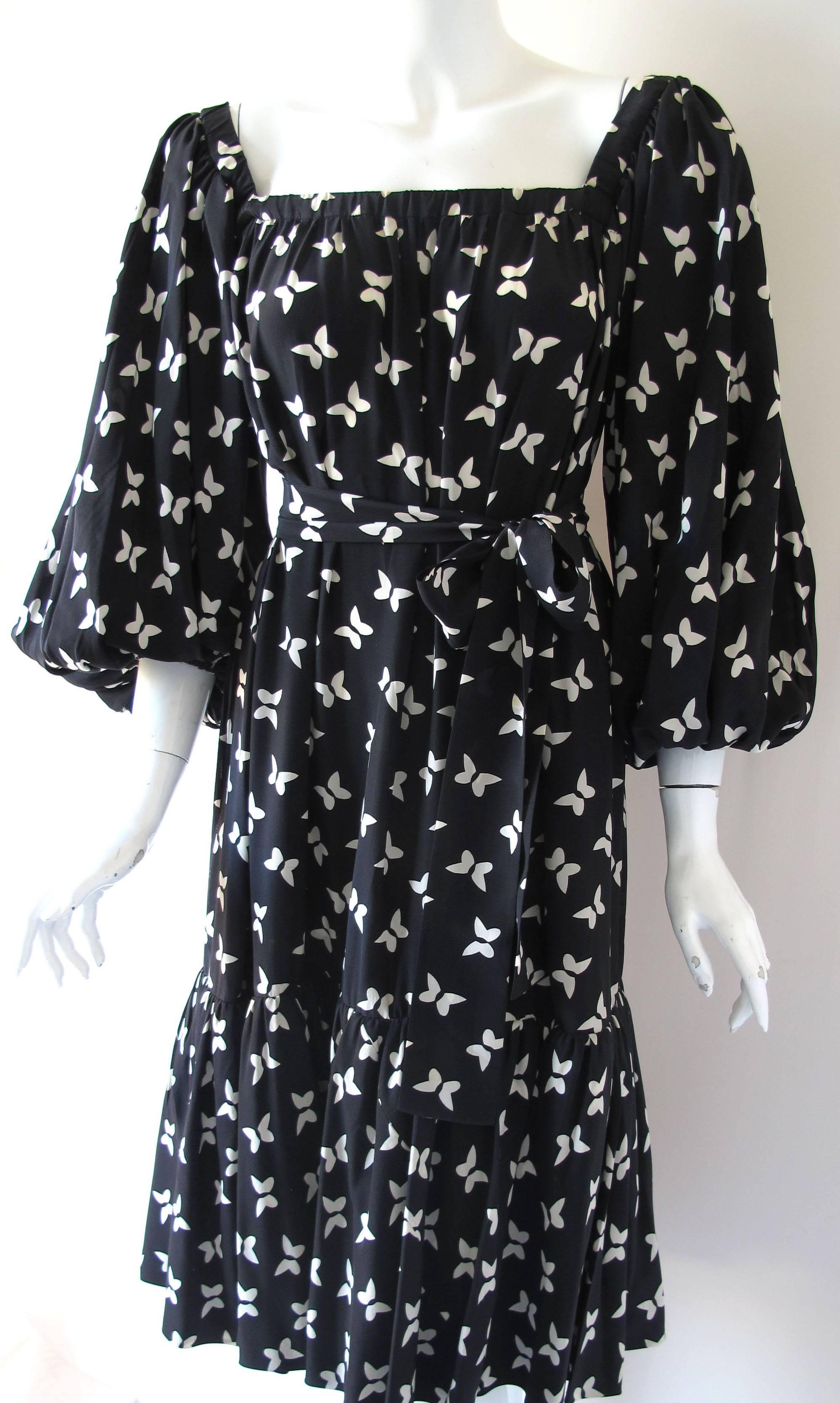 Yves Saint Laurent YSL Butterfly Print Silk Day Dress w/Balloon Sleeves 1970s In Excellent Condition In Studio City, CA