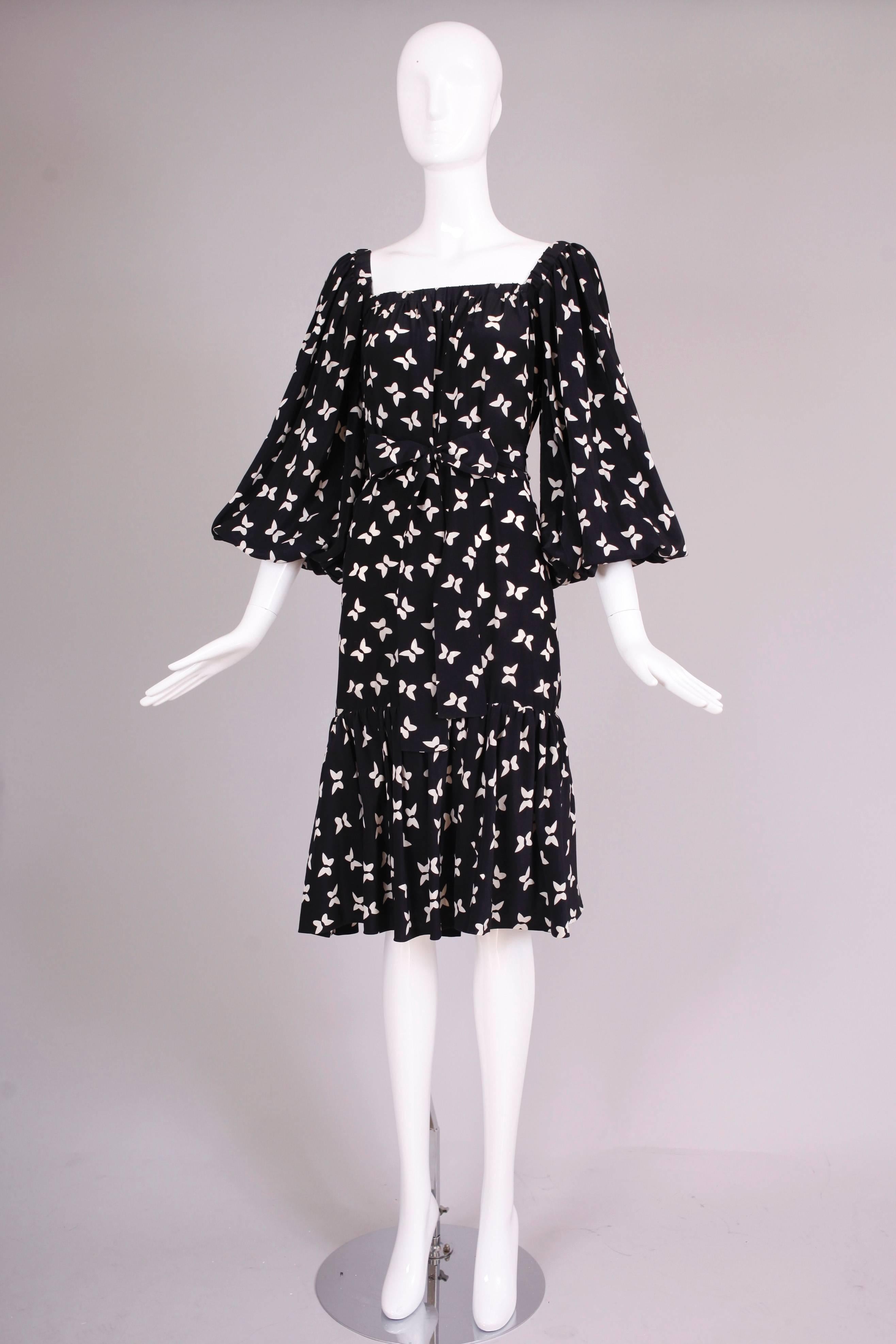 Black Yves Saint Laurent YSL Butterfly Print Silk Day Dress w/Balloon Sleeves 1970s
