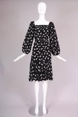 Yves Saint Laurent YSL Butterfly Print Silk Day Dress w/Balloon Sleeves 1970s