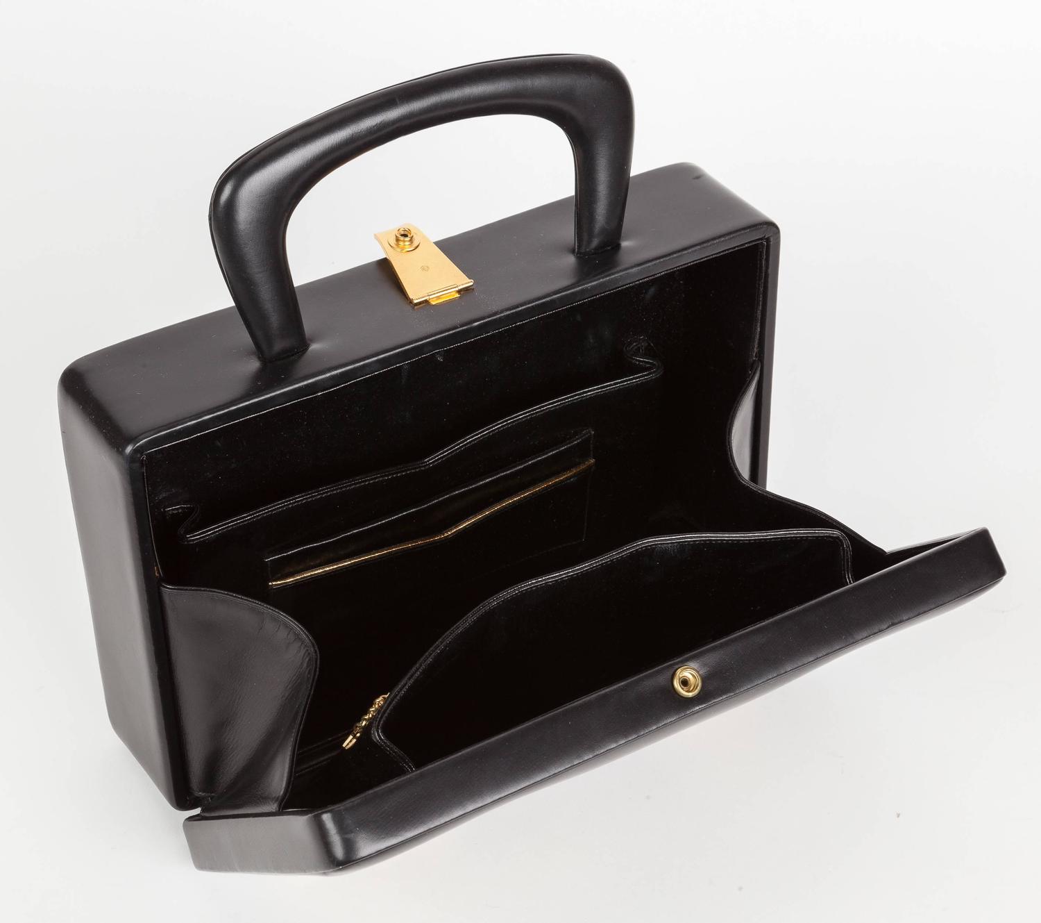 1960's Prestige Black Calfskin Destination Bag Box Purse w/City Names