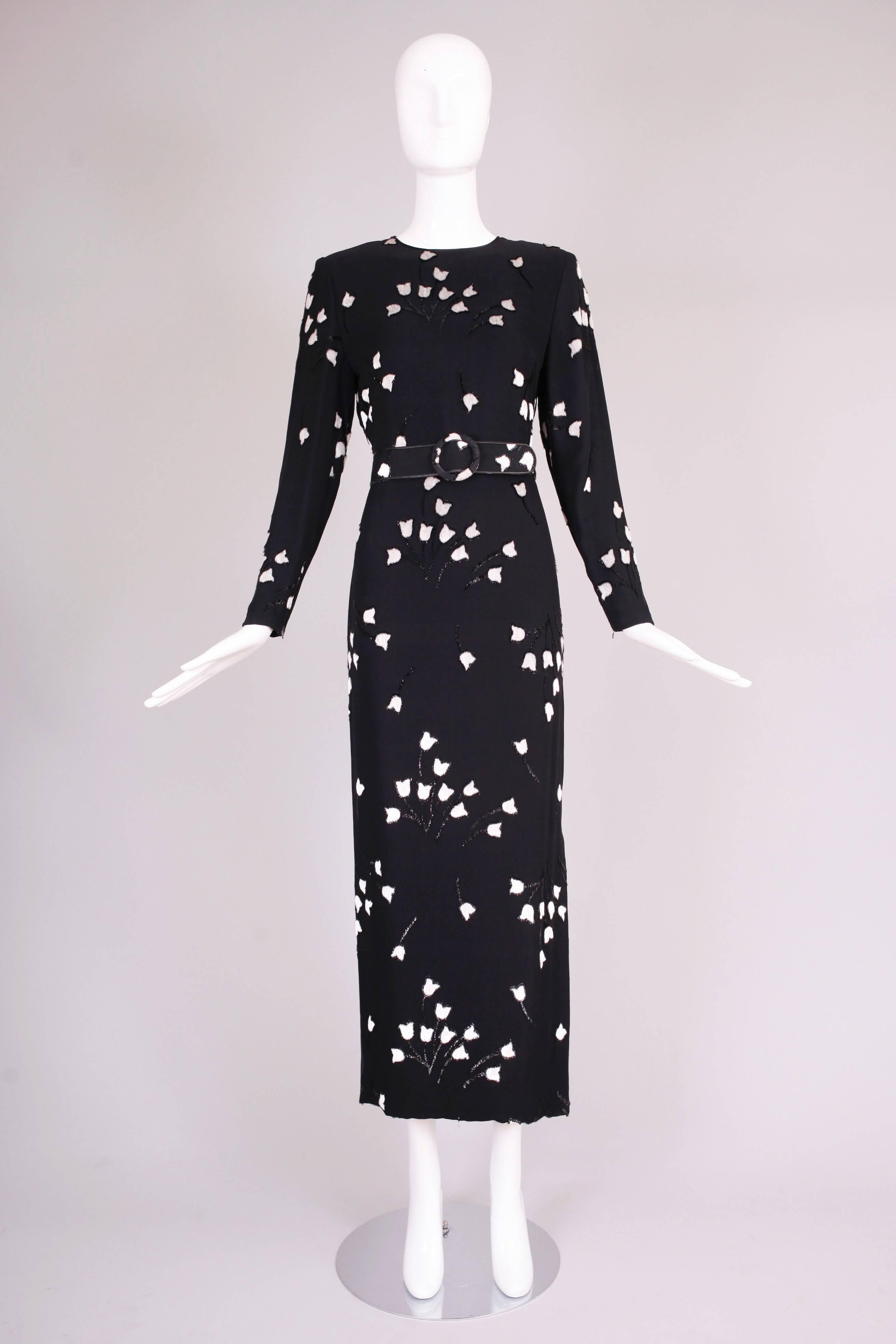 Galanos Black & White Silk Velvet Burnout Evening Gown Dress w/Tulip Pattern In Excellent Condition In Studio City, CA