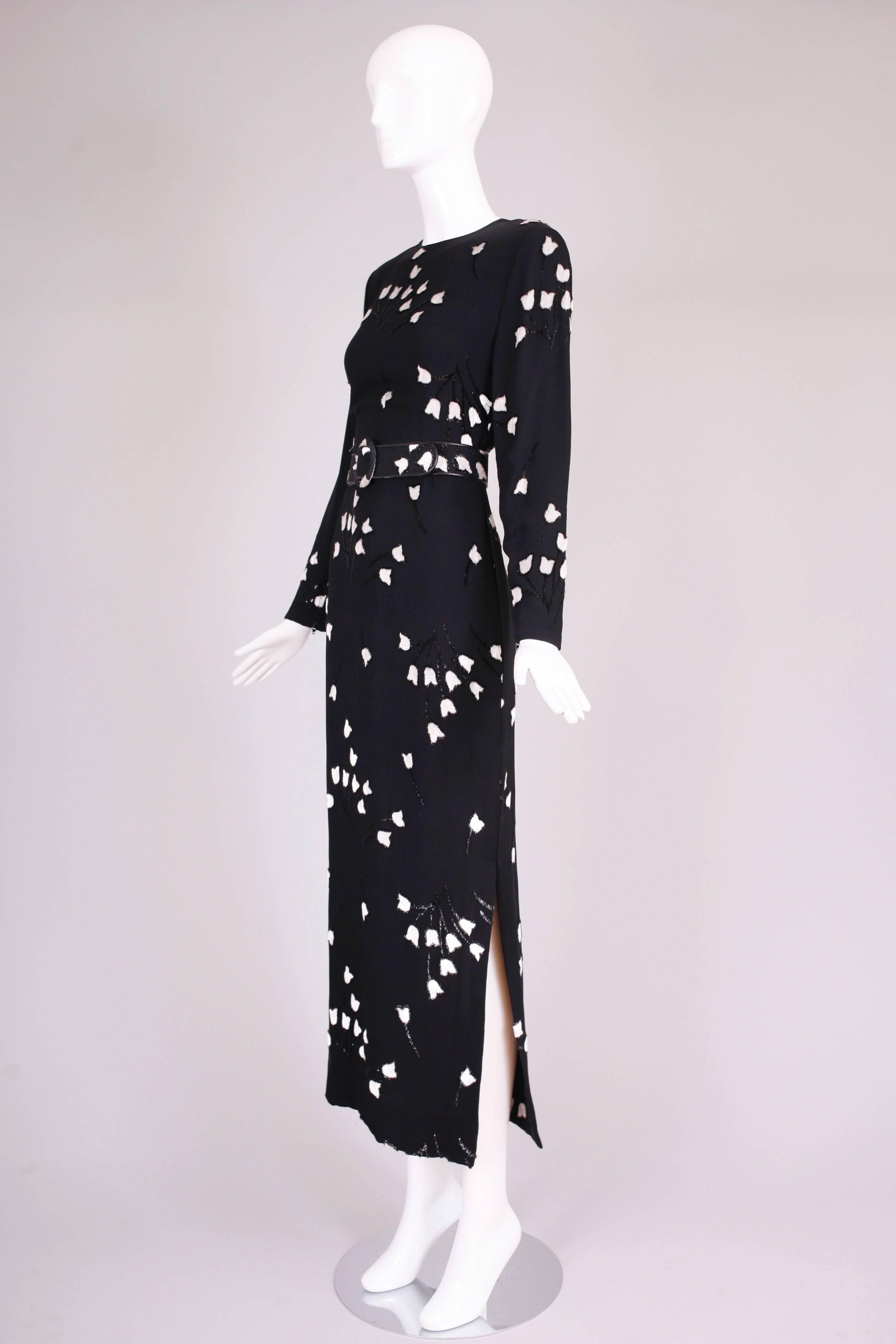 Women's Galanos Black & White Silk Velvet Burnout Evening Gown Dress w/Tulip Pattern