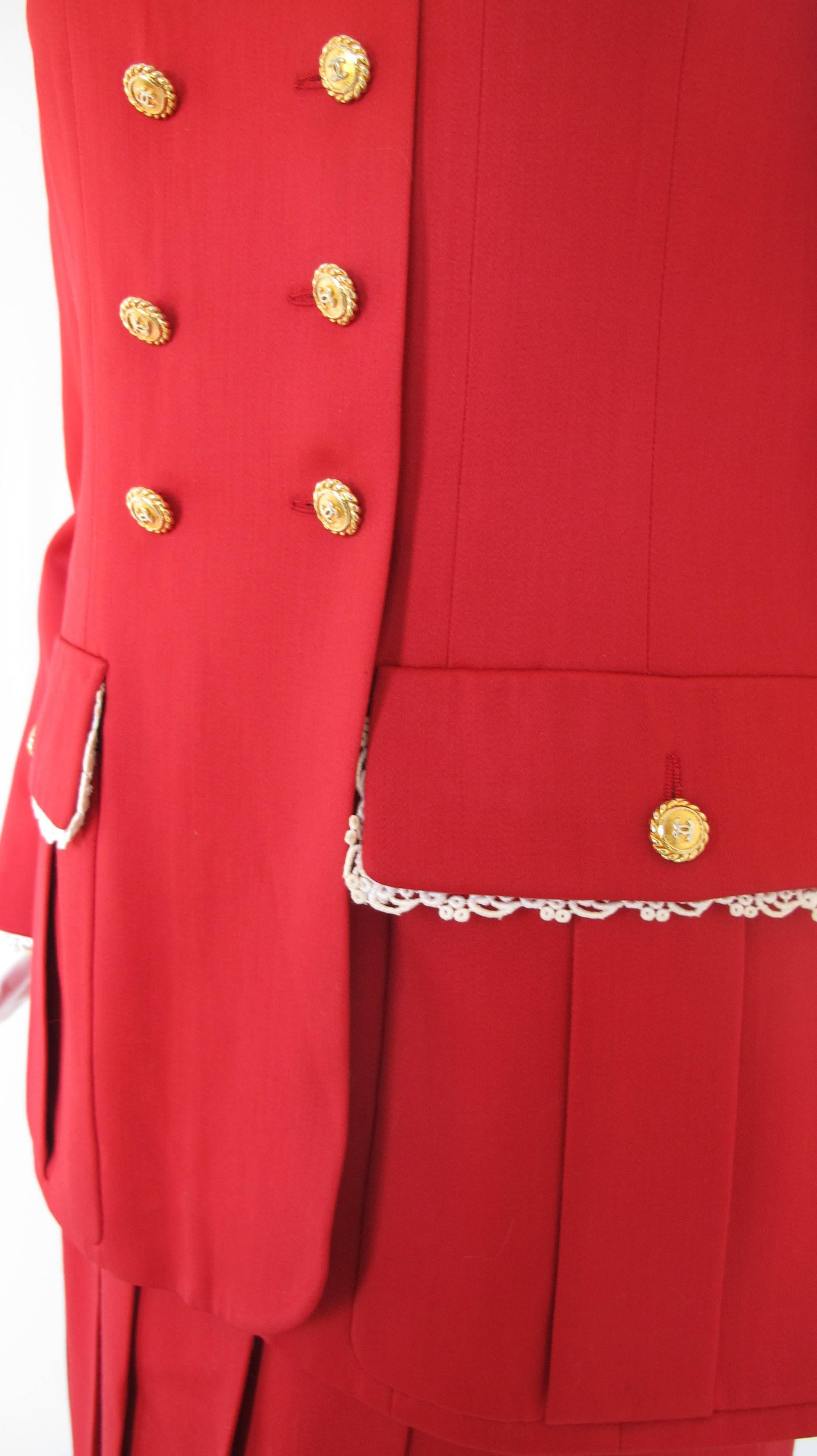 Chanel Red Jacket & Skirt Suit Ensemble w/Lace Trim, CC Logo Buttons & Silk Bow In Excellent Condition In Studio City, CA