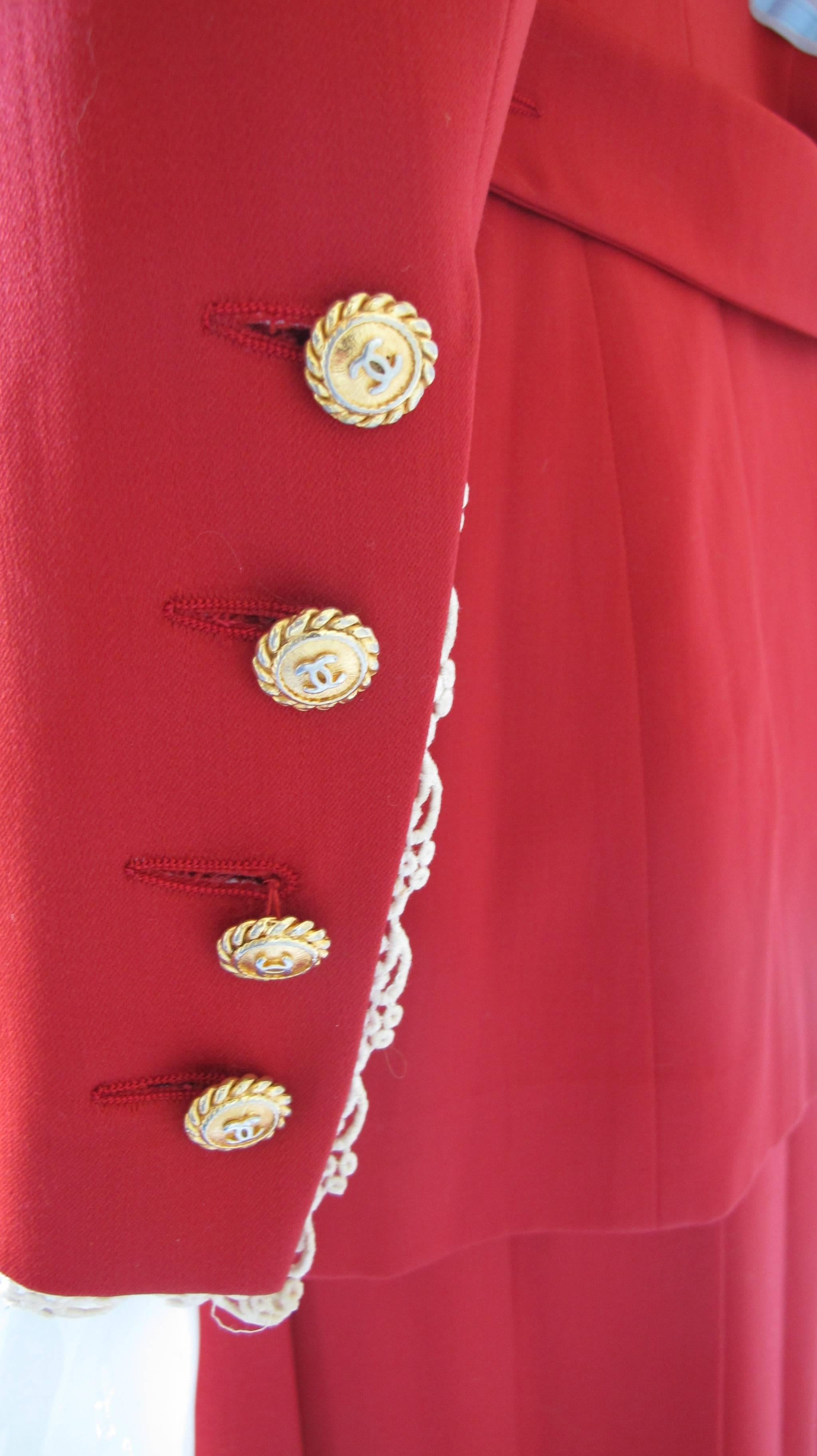 Women's Chanel Red Jacket & Skirt Suit Ensemble w/Lace Trim, CC Logo Buttons & Silk Bow