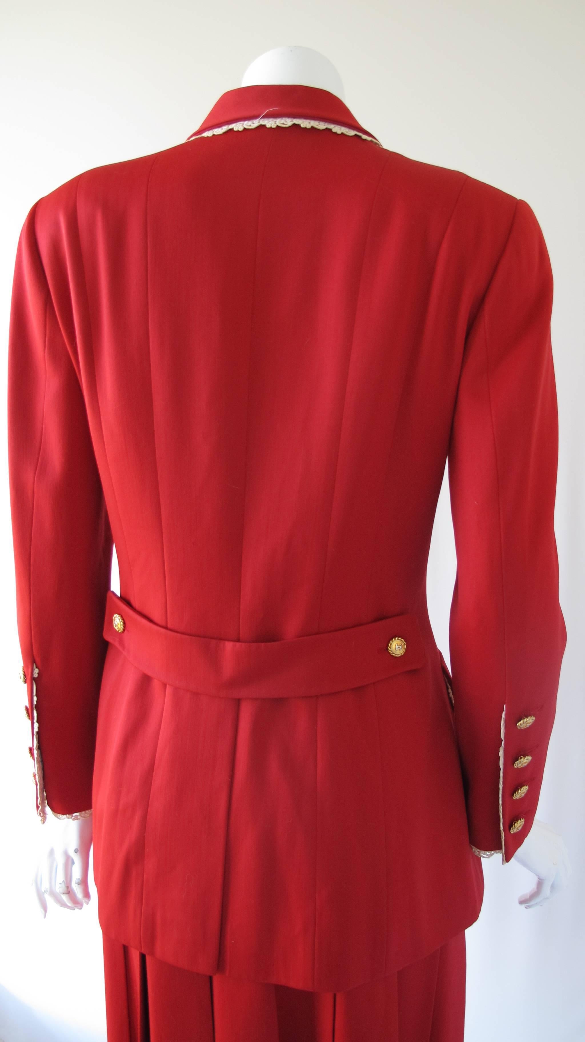 Chanel Red Jacket & Skirt Suit Ensemble w/Lace Trim, CC Logo Buttons & Silk Bow 1