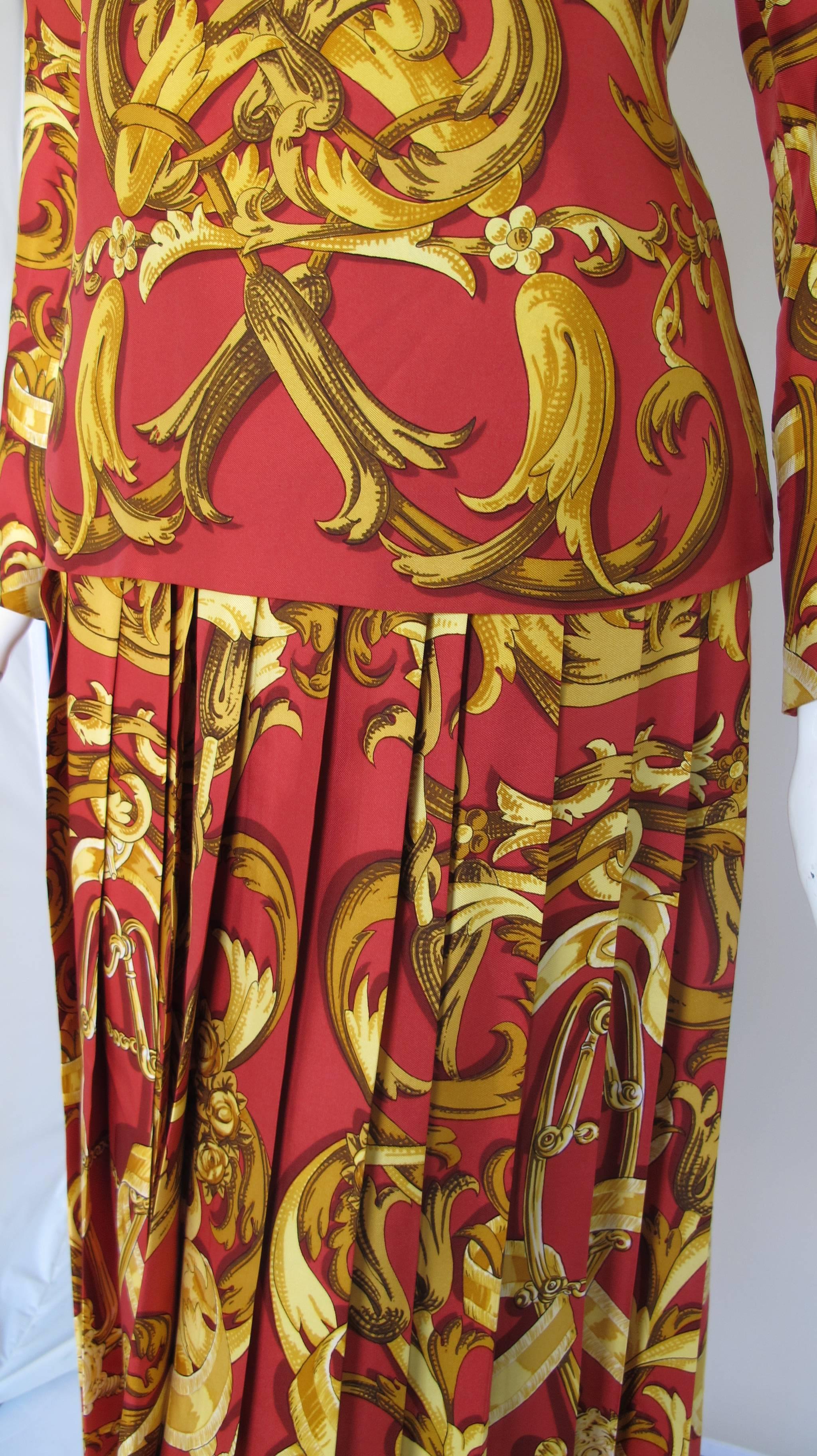 Vintage Hermes 100% Silk Red, Yellow & Gold Printed Blouse & Skirt Ensemble In Excellent Condition In Studio City, CA