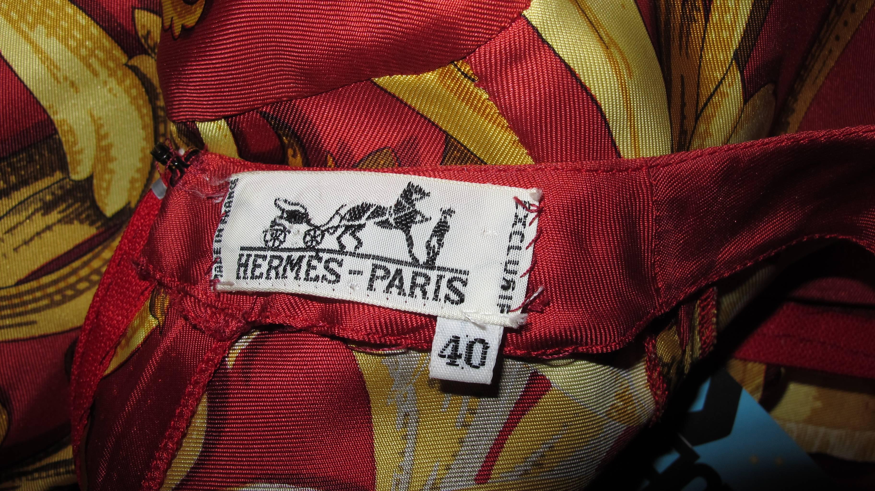 Women's Vintage Hermes 100% Silk Red, Yellow & Gold Printed Blouse & Skirt Ensemble