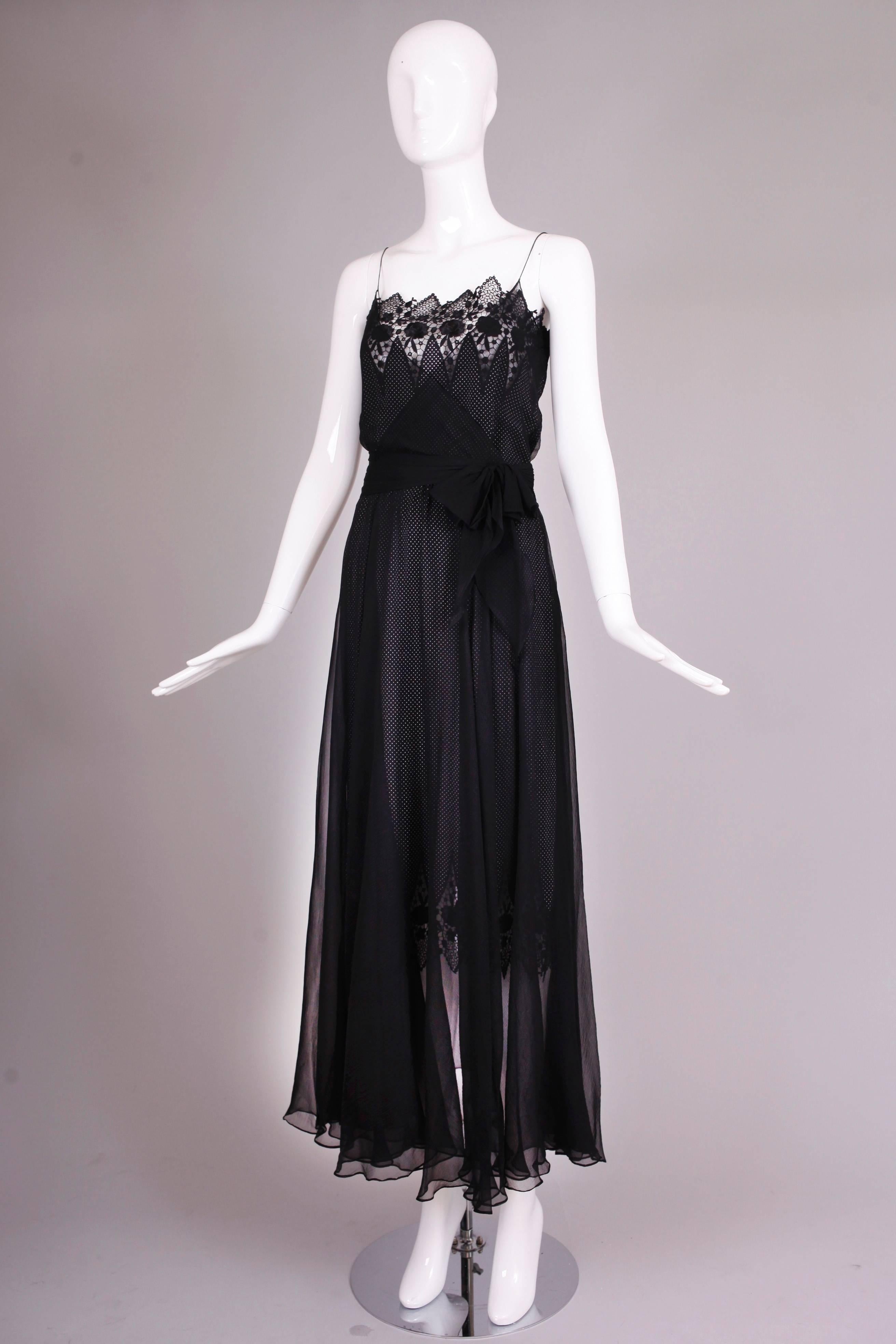 Black Nina Ricci by Gerard Pipart Haute Couture Silk Evening Gown w/Lace Detail ca1980
