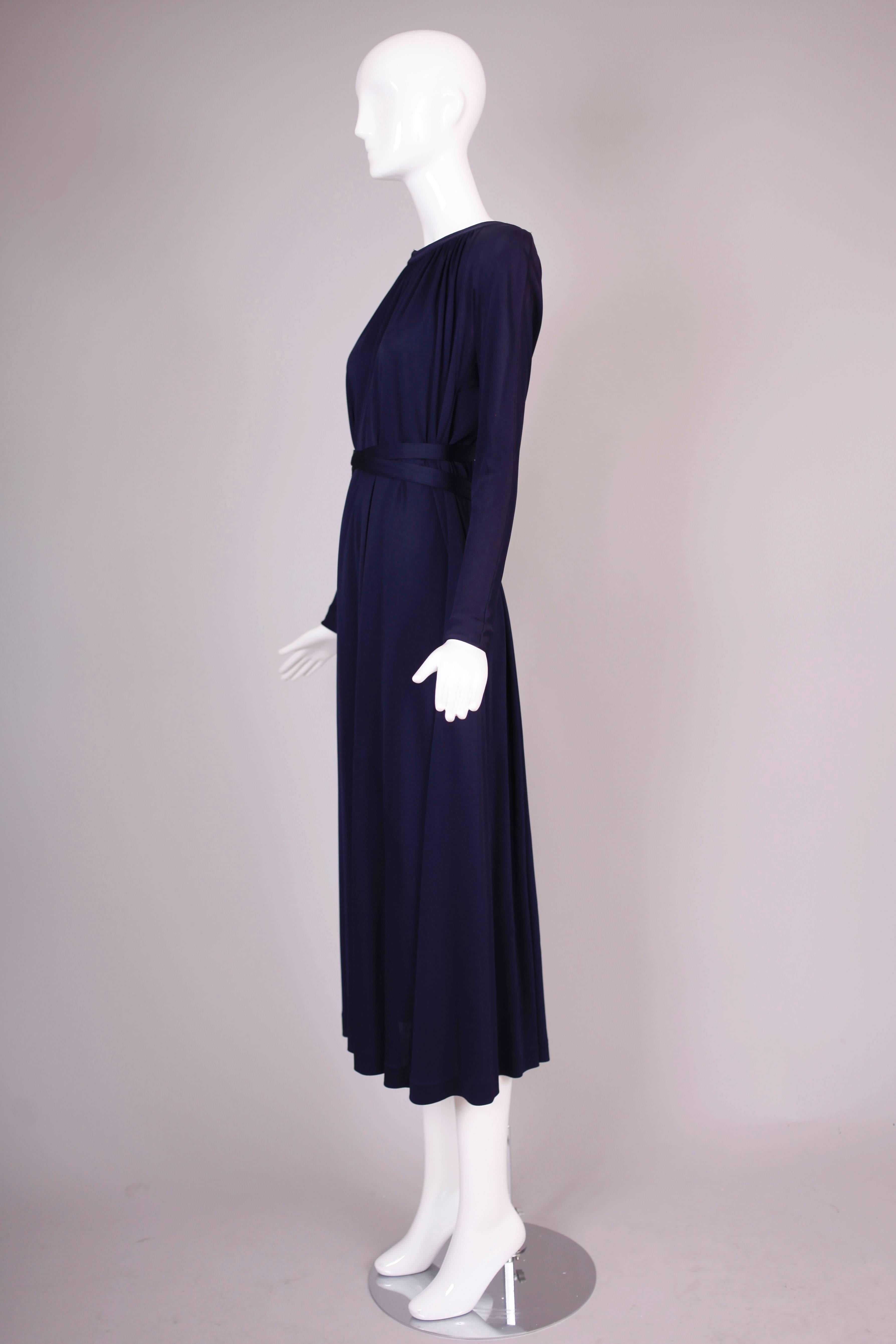Women's 1970s Geoffrey Beene Midnight Blue Silk Jersey Dress w/Waist Ties & Deep V-Neck