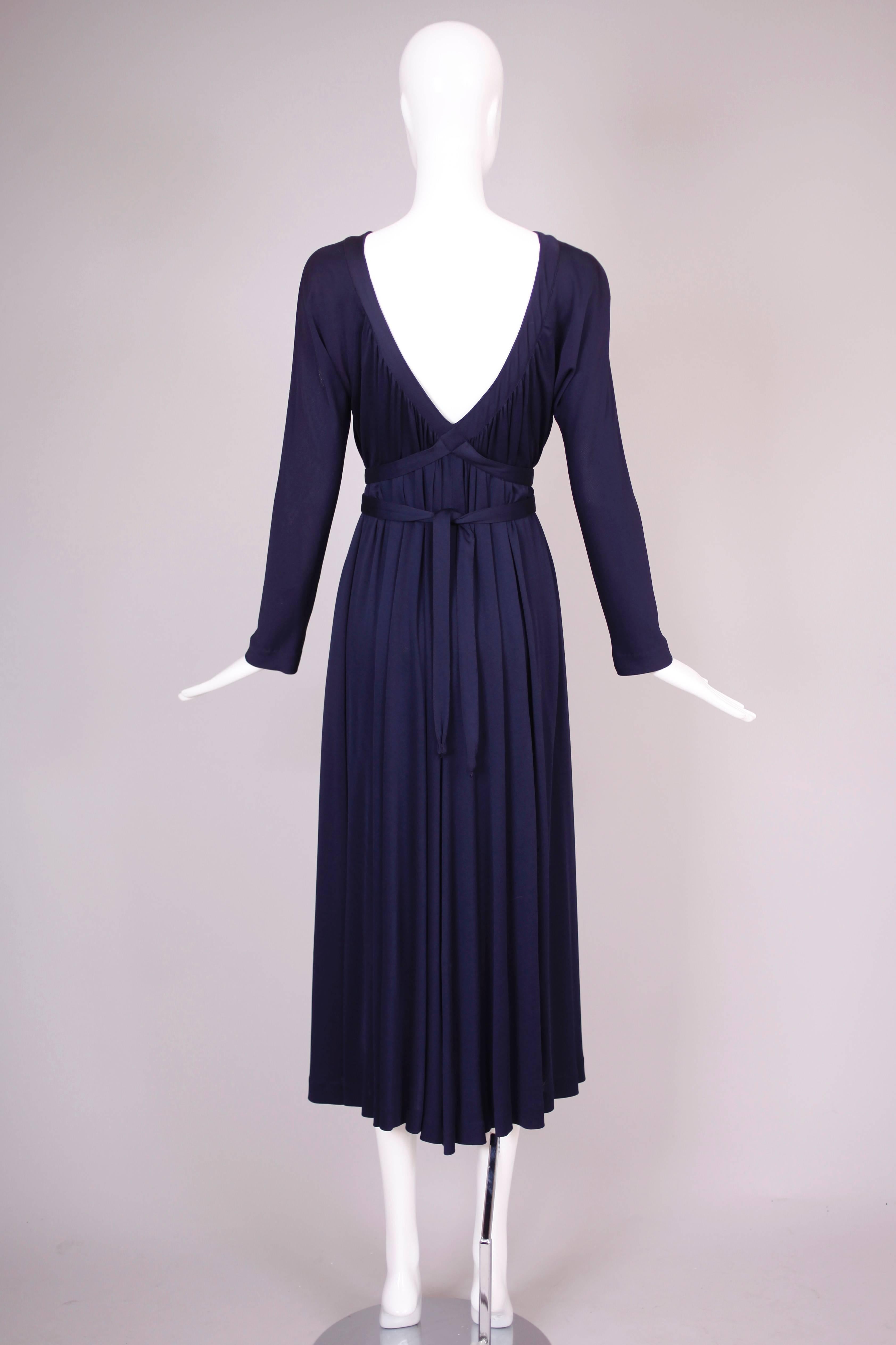 1970s Geoffrey Beene Midnight Blue Silk Jersey Dress w/Waist Ties & Deep V-Neck In Excellent Condition In Studio City, CA