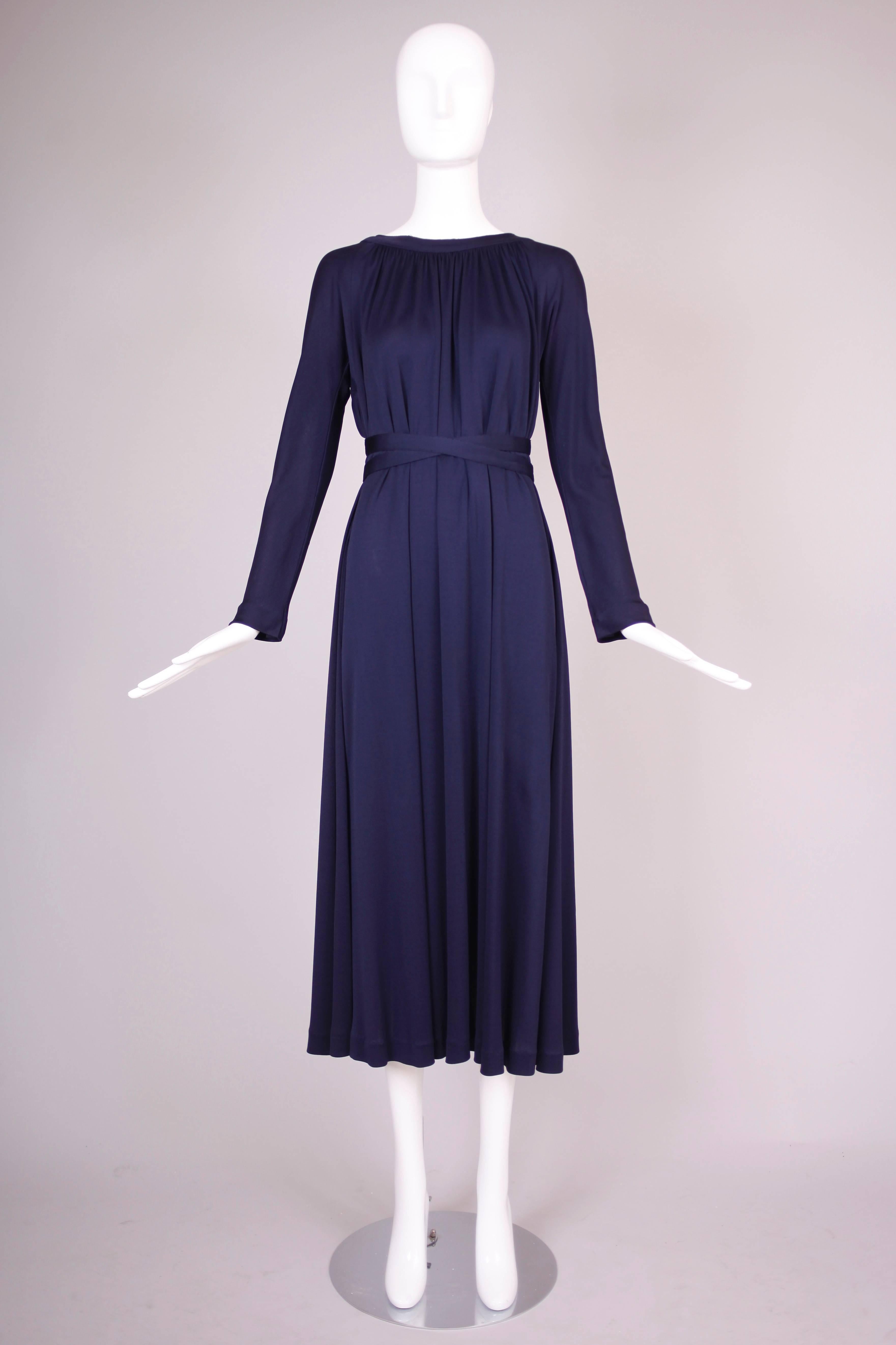 Black 1970s Geoffrey Beene Midnight Blue Silk Jersey Dress w/Waist Ties & Deep V-Neck