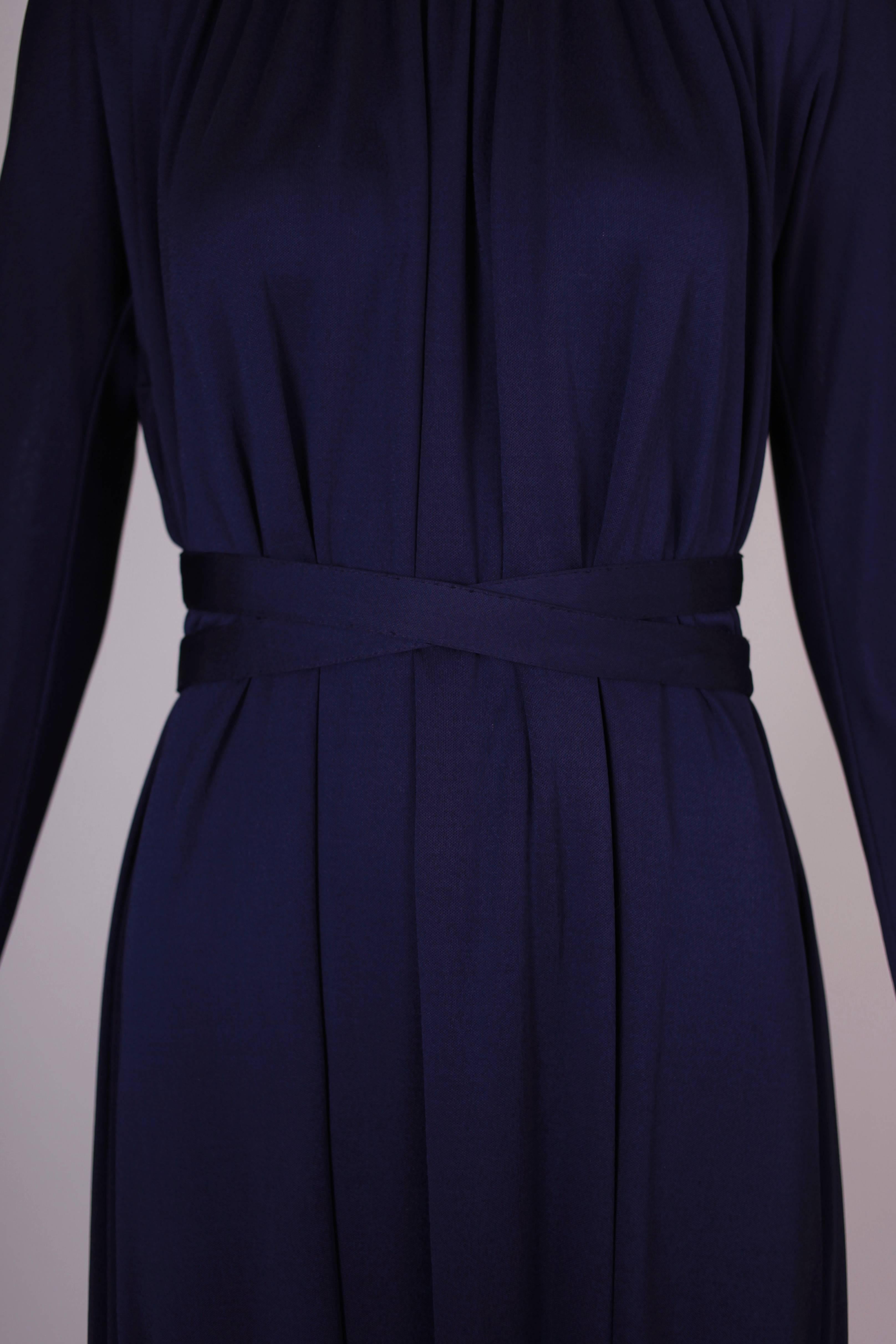 1970s Geoffrey Beene Midnight Blue Silk Jersey Dress w/Waist Ties & Deep V-Neck 1