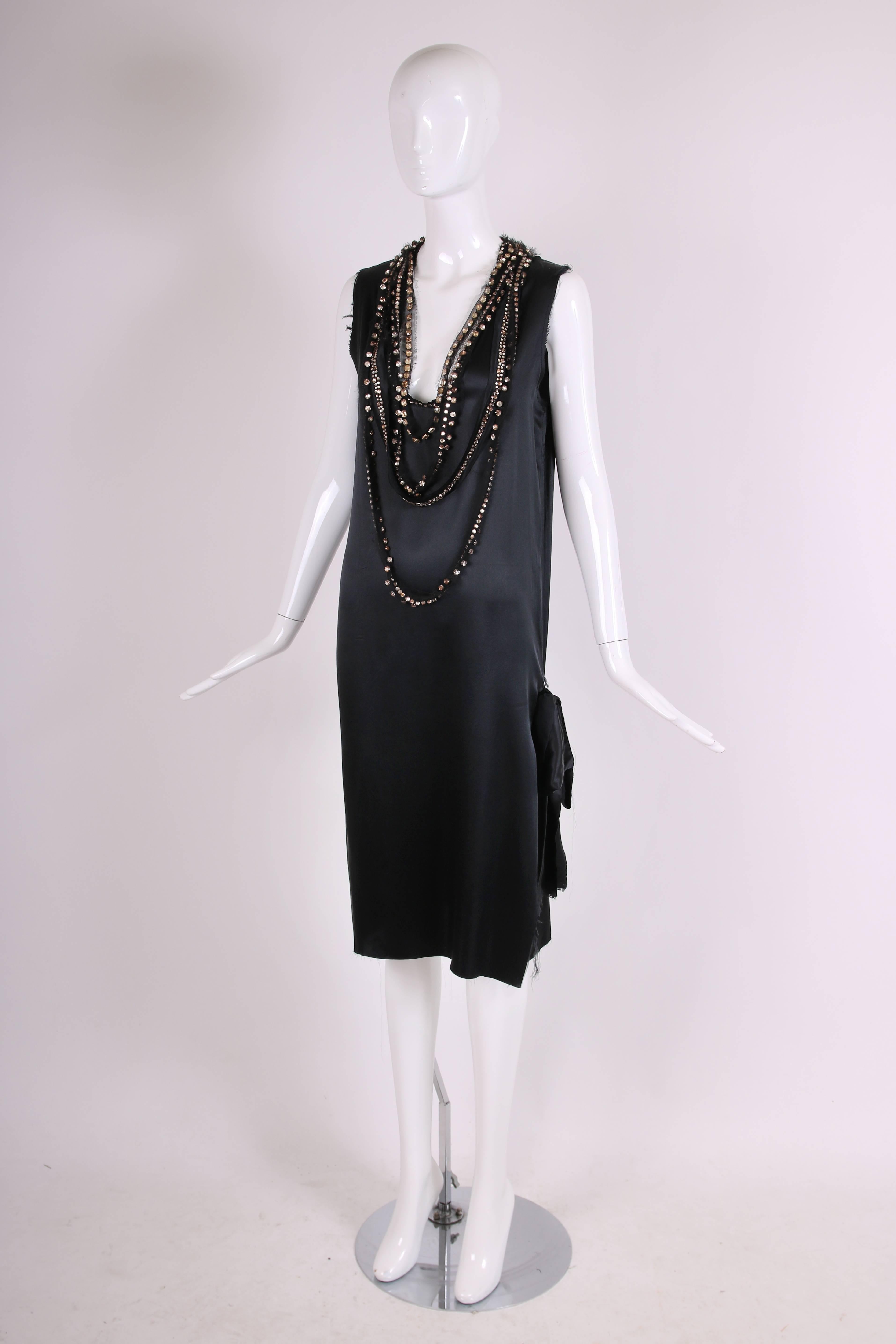 2004 Lanvin Black Silk Flapper Style Evening Dress w/Rhinestone Strands at Neck In Excellent Condition In Studio City, CA