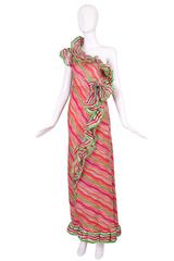 1970s Capecchi One Shoulder Silk Organza Striped Ruffle Gown