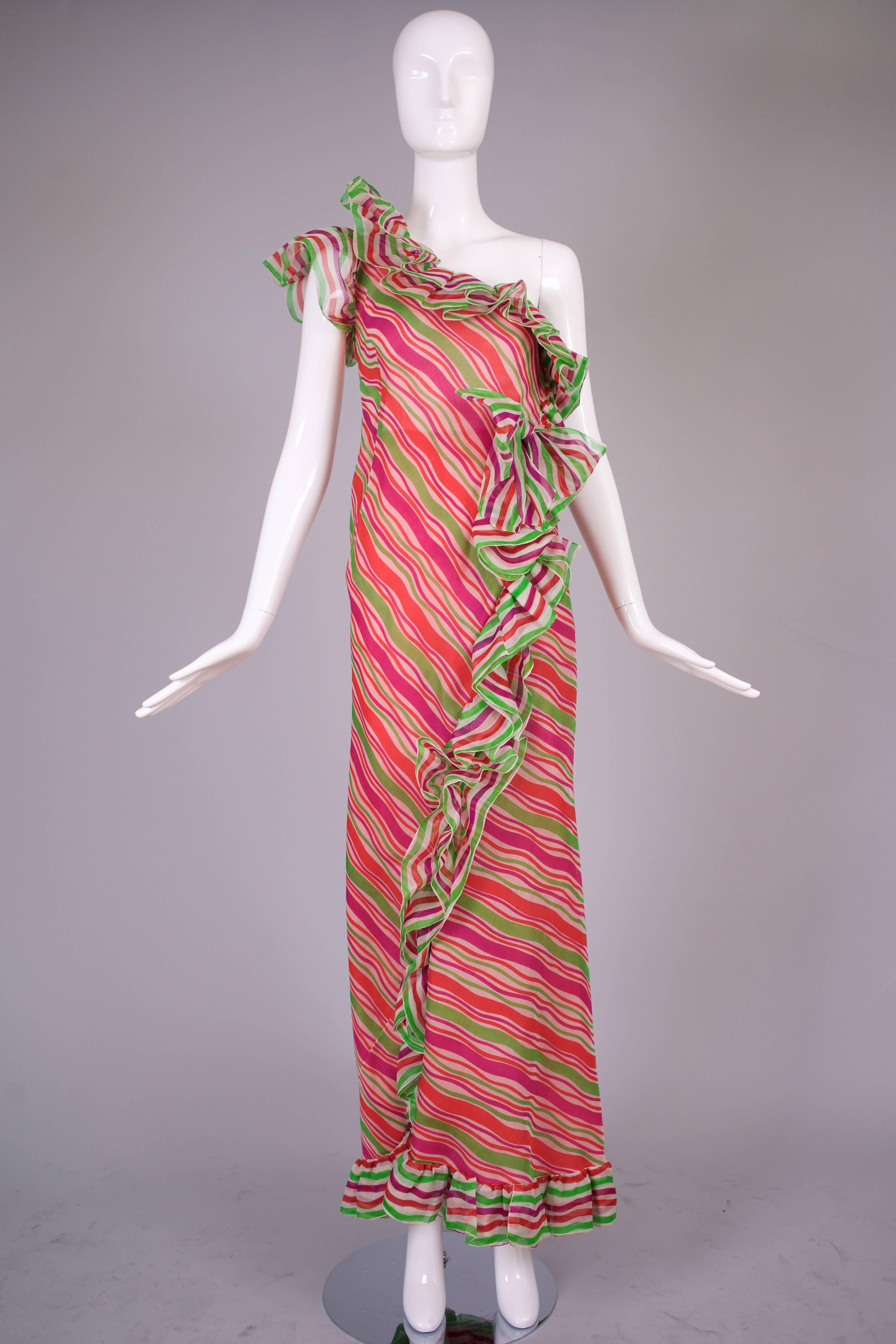 Brown 1970s Capecchi One Shoulder Silk Organza Striped Ruffle Gown