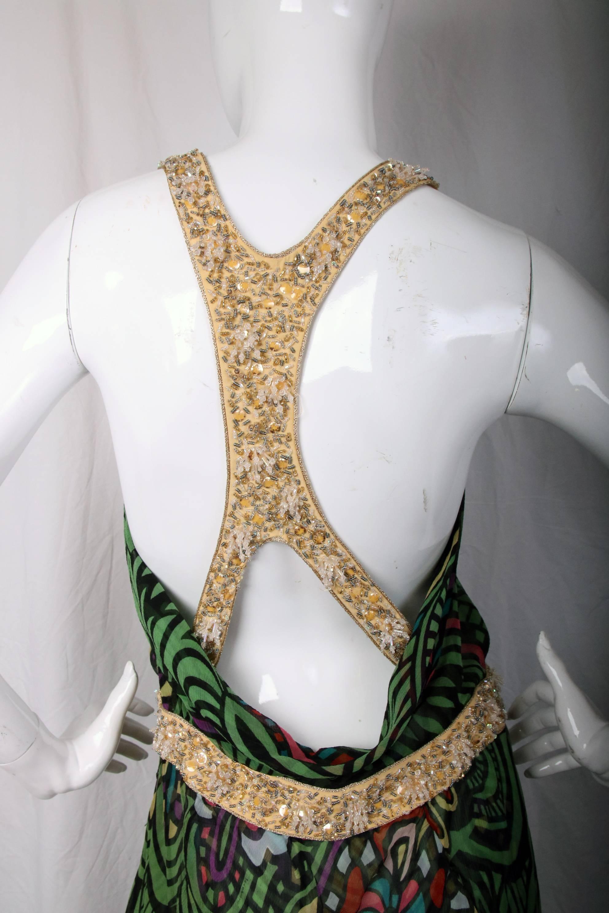 Missoni Silk Chiffon Foral Printed Halter Neck Evening Dress w/Beaded Trim In Good Condition In Studio City, CA