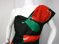 Pauline Trigere Black, Red & Green Silk Abstract Floral Tulip Print Evening Gown