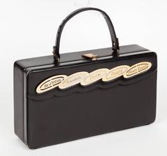 1960s Prestige Black Calfskin Rectangular Destination Bag Box Purse w/City Names