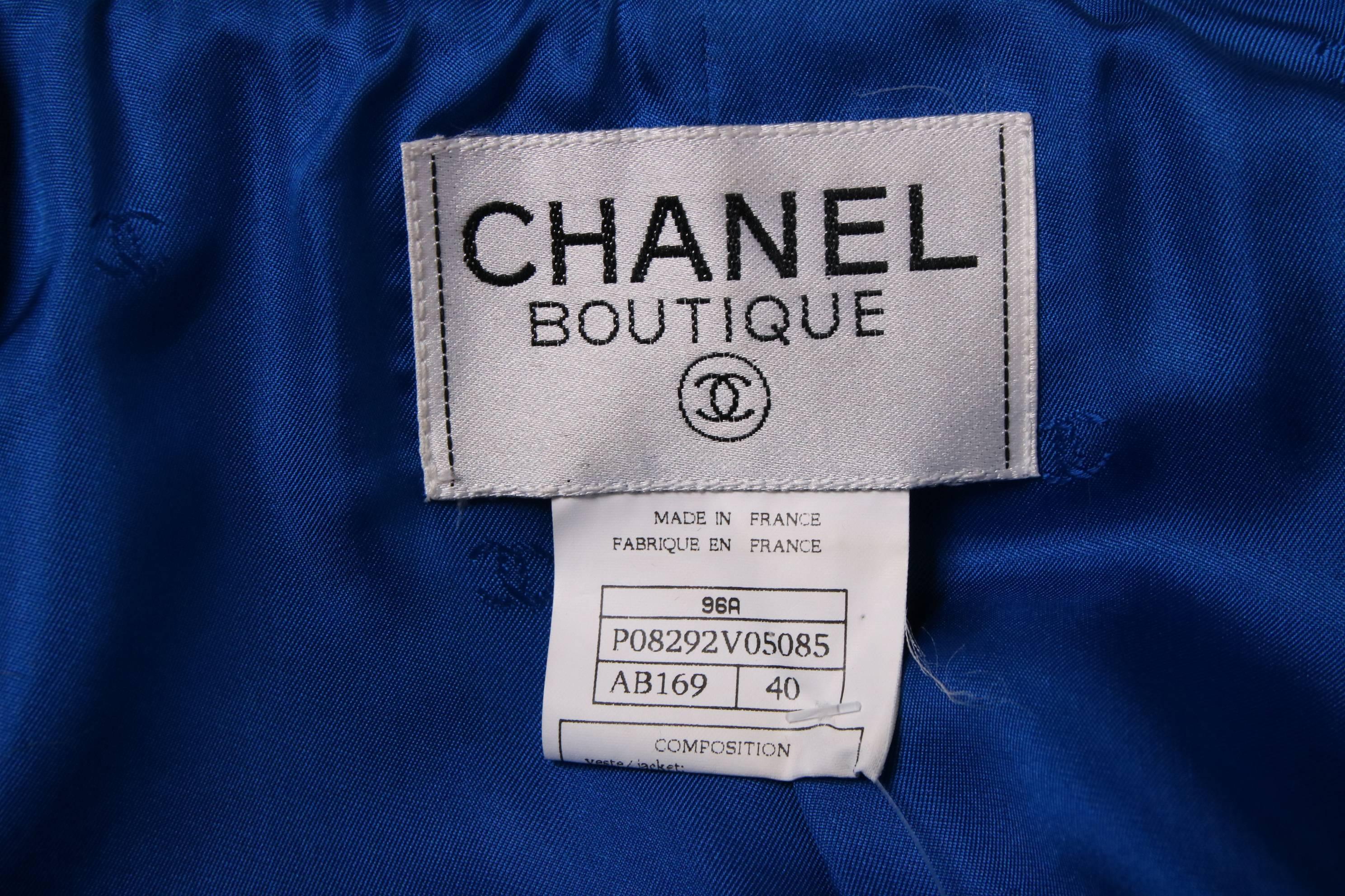 Women's 1996A Chanel Royal Blue Melton Wool Jacket Blazer w/CC Logo Gripoix Buttons